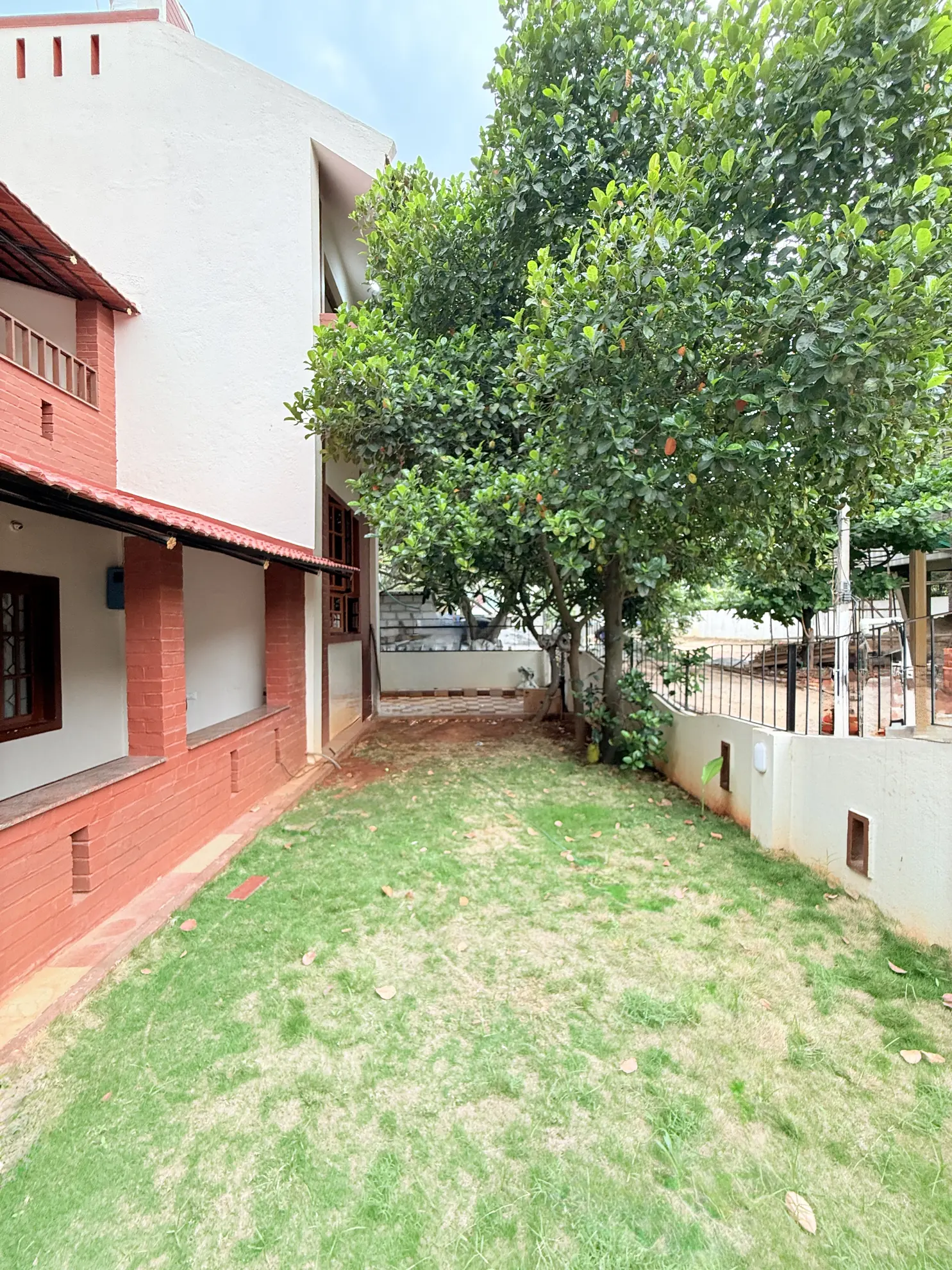 Grassy back garden beside the villa, with a large fruiting tree, red-brick veranda and low white boundary wall.